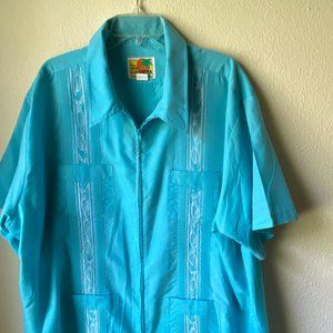 Haband Guayabera Men's Sky Blue White Cuban Cigar Zip Top Shirt size 3…